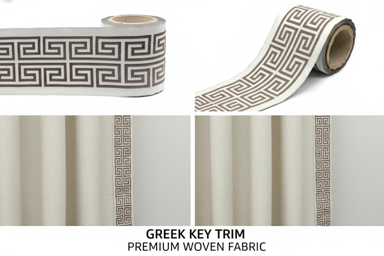 Taśma dekoracyjna 100 mm kość słoniowa i taupe grecki wzór meander, taśma tekstylna do zasłon, umeblowania i majsterkowania, taśma 3,5 m na szpulę, eleganckie wykończenie do projektów kreatywnych