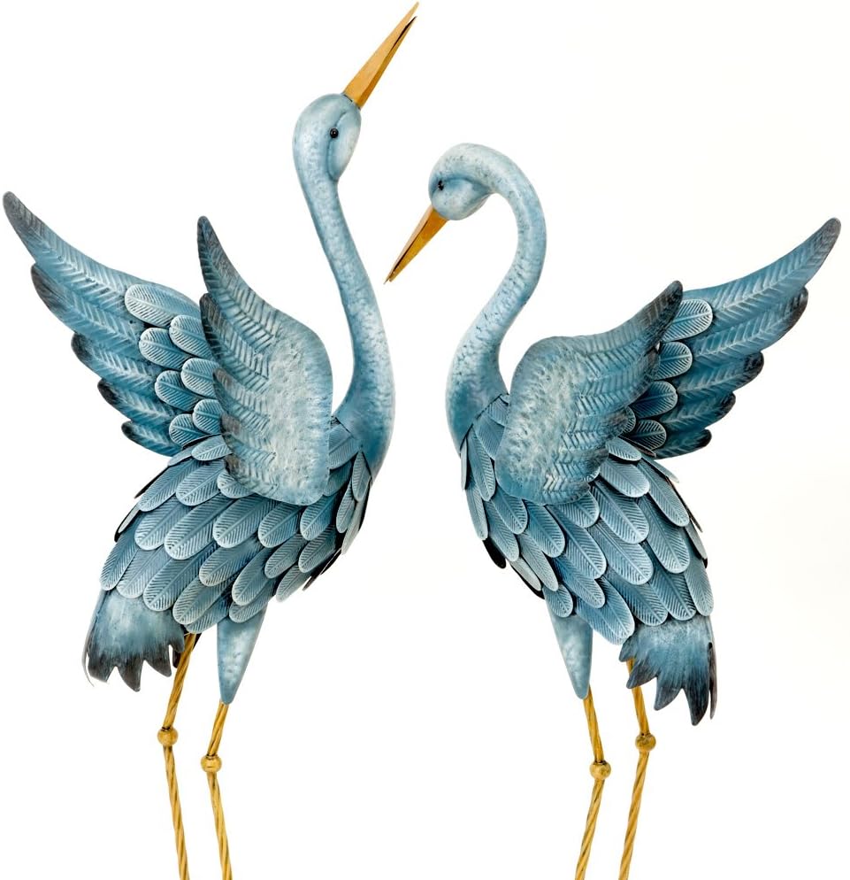 Bits and Pieces - Japanese Blue Heron Metal Sculpture Set - Two Standing Cranes Perfect for Garden Décor - Metal Garden Art, Outdoor Lawn and Patio Décor, Backyard Sculpture, and Decoration