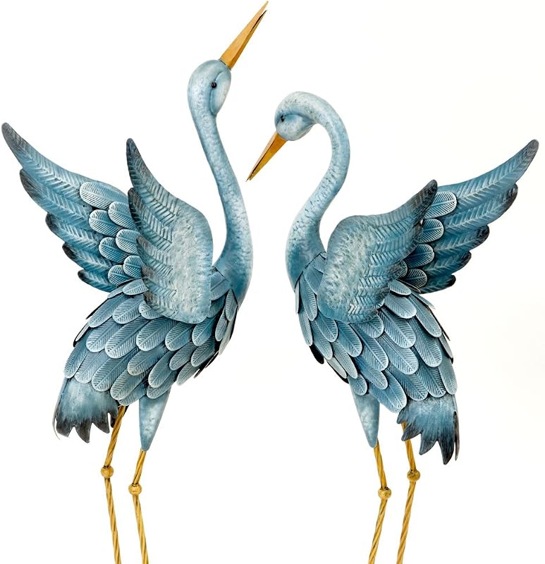 Bits and Pieces - Japanese Blue Heron Metal Sculpture Set - Two Standing Cranes Perfect for Garden Décor - Metal Garden Art, Outdoor Lawn and Patio Décor, Backyard Sculpture, and Decoration