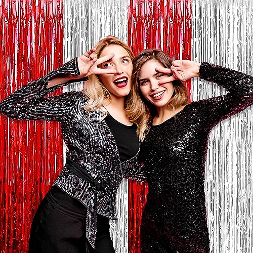 Image of 3 Pack Red Silver Foil Fringe Curtain Backdrop, 3.28Ft x 9.8Ft Metallic Tinsel Foil Fringe Streamer Curtains for Photo Booth, Christmas Day, Thanksgiving, Wedding, New Year Party Decorations