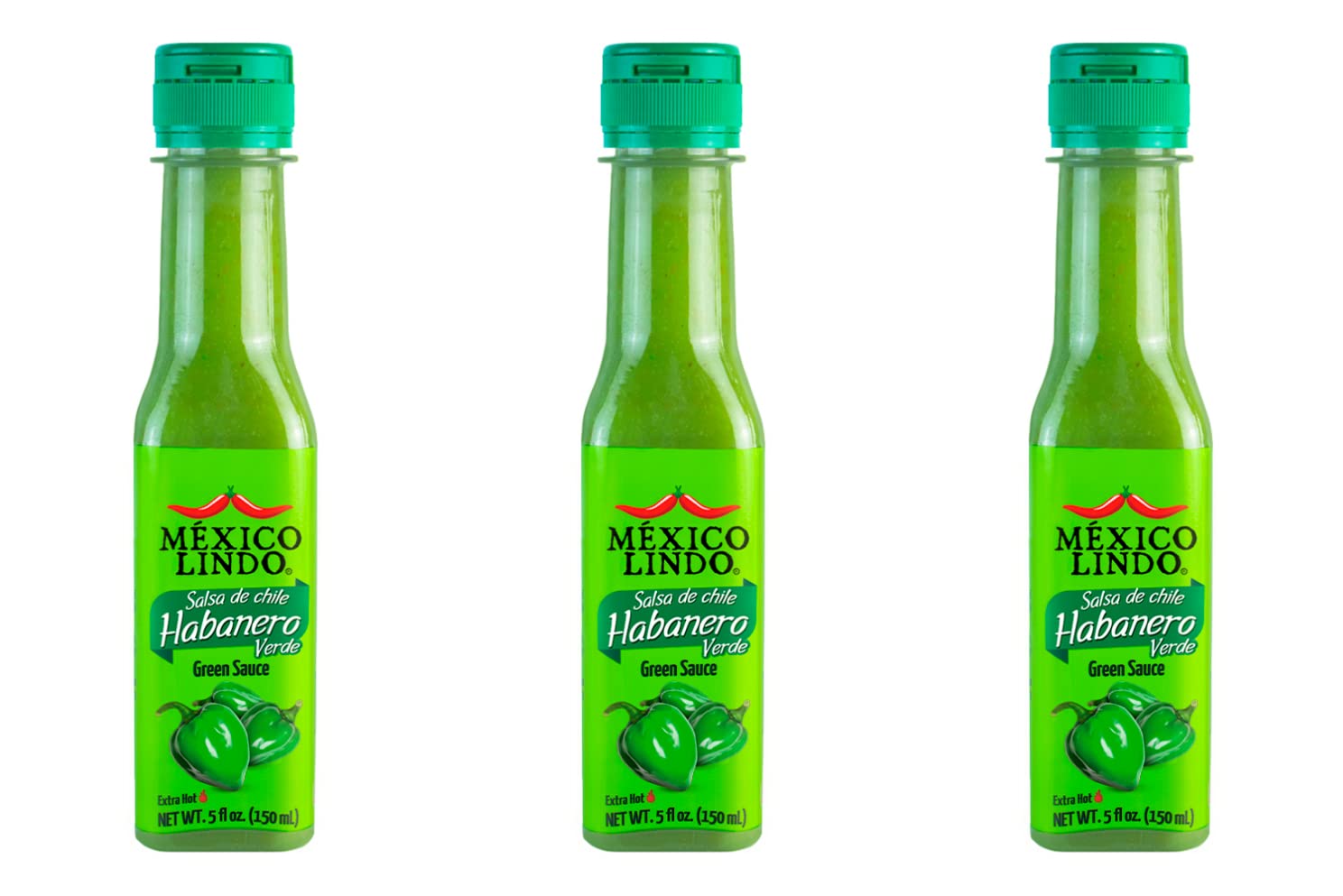 Mexico Lindo Green Habanero Hot Sauce | Real Green Habanero Chili Pepper | 75,900 Scoville Level | Enjoy with Mexican Food, Seafood & Pasta | 5 Fl Oz Bottle (Pack of 3)