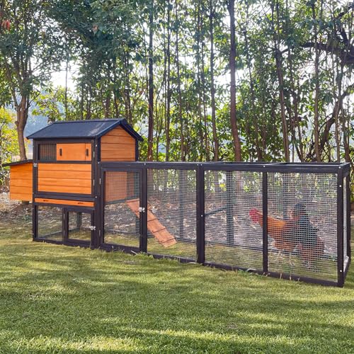 Chicken Coop, Large Wooden Chicken Coop with Nesting Boxes & Run Cage for 3-6 Chickens, Outdoor Hen House Poultry Hutch Rabbit Cage with No-Slip Ramp & Pull-Out Tray for Backyard Farm (Brown)