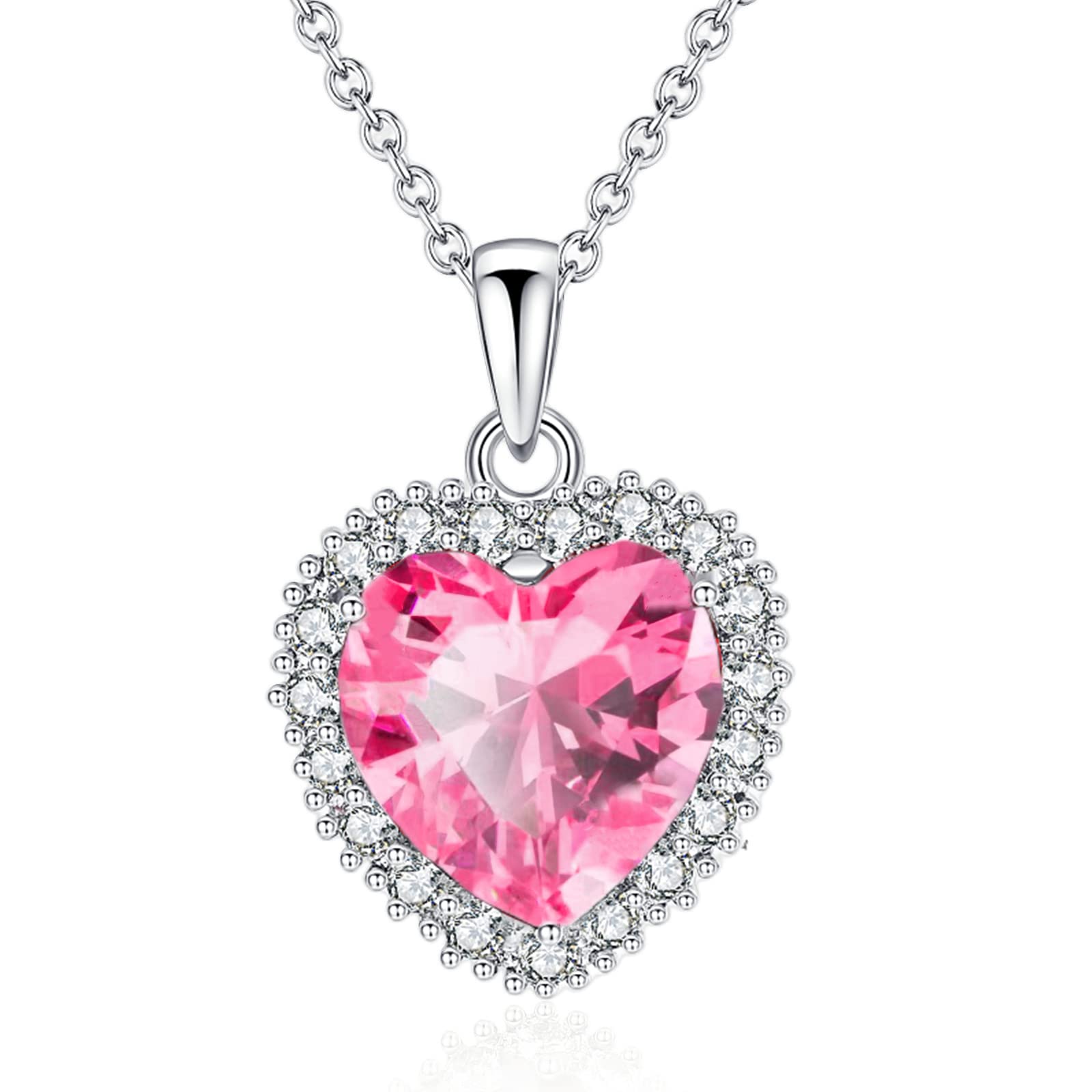 VONSSY Damenkette Edelstein Herz Anhänger Halskette | Kristall Rubin Smaragd Saphir Rosa Geburtsstein Halskette | Weißgold Silber Schmuck Geschenk für Frau Tochter Mutter Freundin