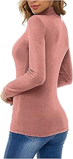 2025 - Camiseta de invierno Slim Fashion Tops Camiseta de Color Sólido Manga Larga Cuello Alto Casual Parte Interior, Camiseta Base Camisa Mujer Blusa Capa