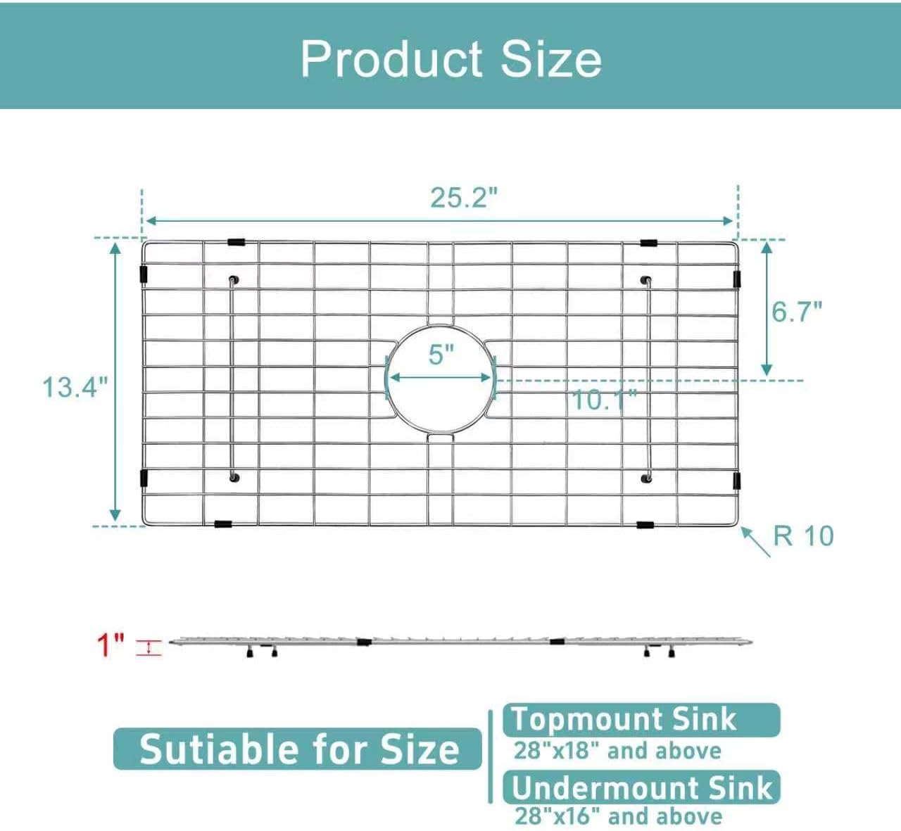 Stainless Kitchen Sink Protector - S304 Sink Grids for Bottom of Kitchen Sink, 26" x 14" with Center Drain for Single Bowl Kitchen Sink with Corner Radius