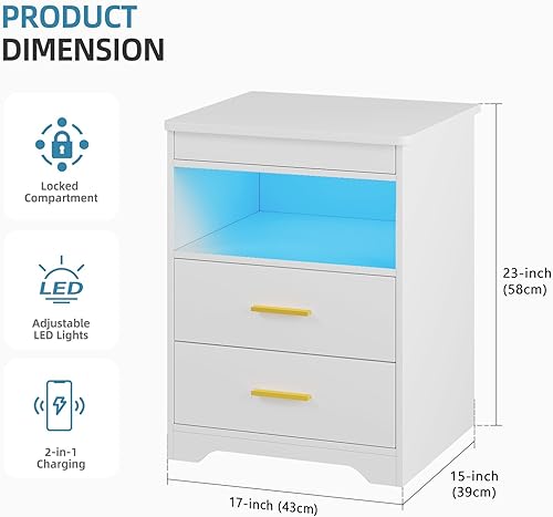 Miniatura 3 de Gurexl Juego de 2 mesitas de noche con estación de carga y puerto USB, mesa auxiliar con sensor automático LED, 3 colores regulables, estante para