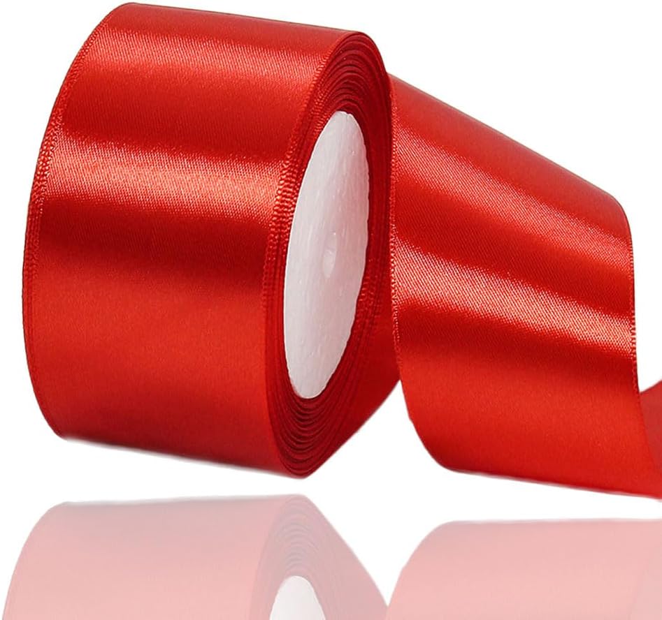 Red Satin Ribbon 2 Inches x 25 Yards, Solid Color Fabric Ribbon for Gift Wrapping, Crafts, Hair Bows Making, Wreath, Wedding Party Decoration and Sewing Projects