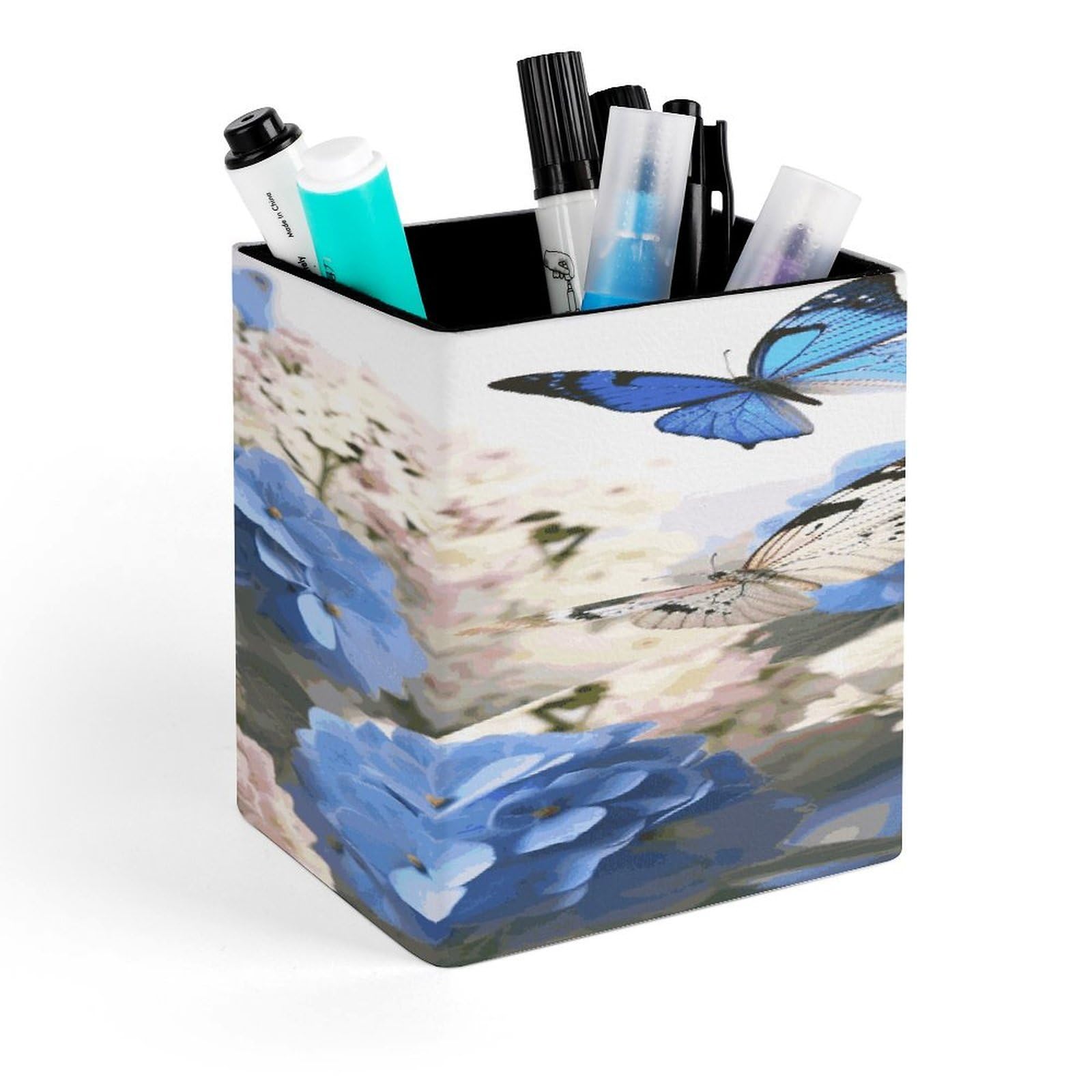 MUSM Hydrangeas Daisies Butterflies Pen Holder Square PU Leather Desktop Organizer And Makeup Brush Holder Storage Box Modern Design Stationery Organizer for Office Desk Accessory