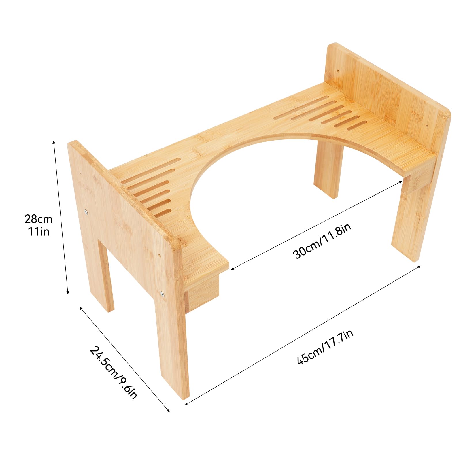 Taboret toaletowy z bambusa, 45 x 24,5 x 28 cm, podnóżek z regulacją wysokości, drewniany taboret łazienkowy, pozycja siedząca 35°, stabilny do 80 kg, podnóżek dla dzieci i dorosłych, akcesoria