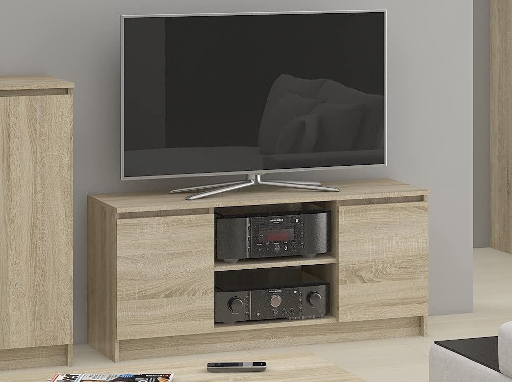 AKORD Lowboard K-120 | TV-Shrank mit EIN offenes Regalfach | Fernsehkommode 2 Ablagen mit Türen Links und rechts | H55 x B120 x T40 cm | Gewicht 30 kg | Sonoma Eiche