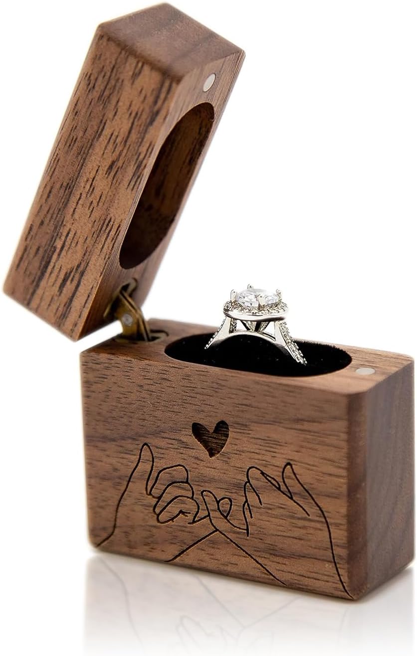 MUUJEE Slim Engagement Proposal Ring Box - Engraved Wooden Ring Bearer Box for Wedding Ceremony, Photo Shoot Props, Secret Slim Hidden Box (Pinky Promise)