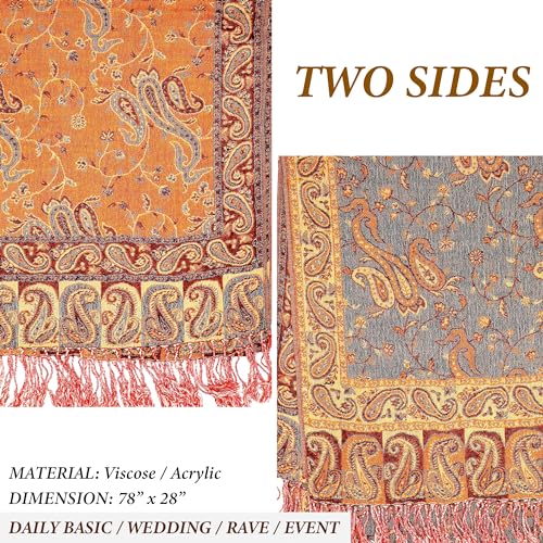 Achillea Soft Silky Reversible Paisley Pashmina Shawl Wrap Scarf w/Fringes (Orange)