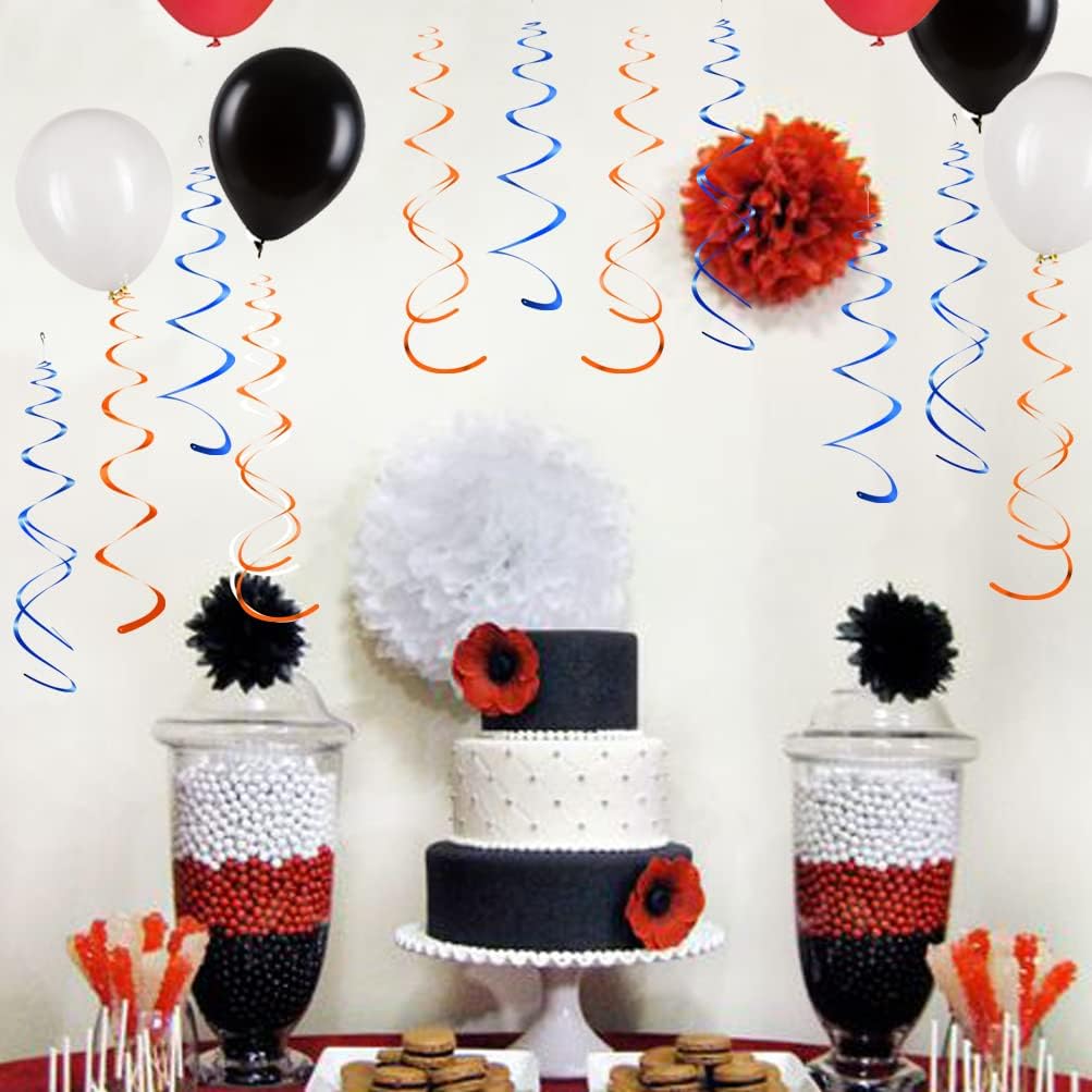 MOWO Orange and Royal Blue Foil Swirl Hanging Decoration, Pack of 20