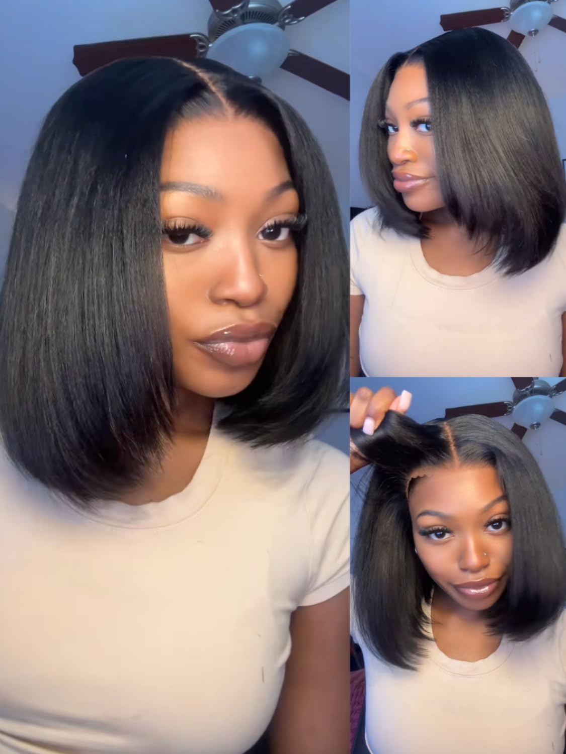 Nadula Short 12inch Layered Yaki Straight Bob Drawstring Wig Human Hair 180% Density with Flexible Mesh Cap,Glueless 7x5 No Slip Bye Bye Knots Wig Pre Cut/Plucked/Bleached Ready to Go Yaki Bob Wig