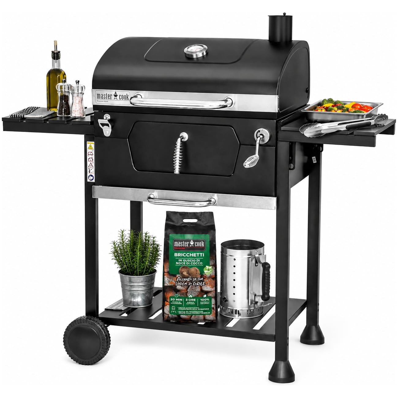 MasterCook Barbacoa de carbón de acero con ruedas resistente y estable con doble parrilla, termómetro y ajuste de la cesta de barbacoa, barbacoa de carbón con estantes laterales
