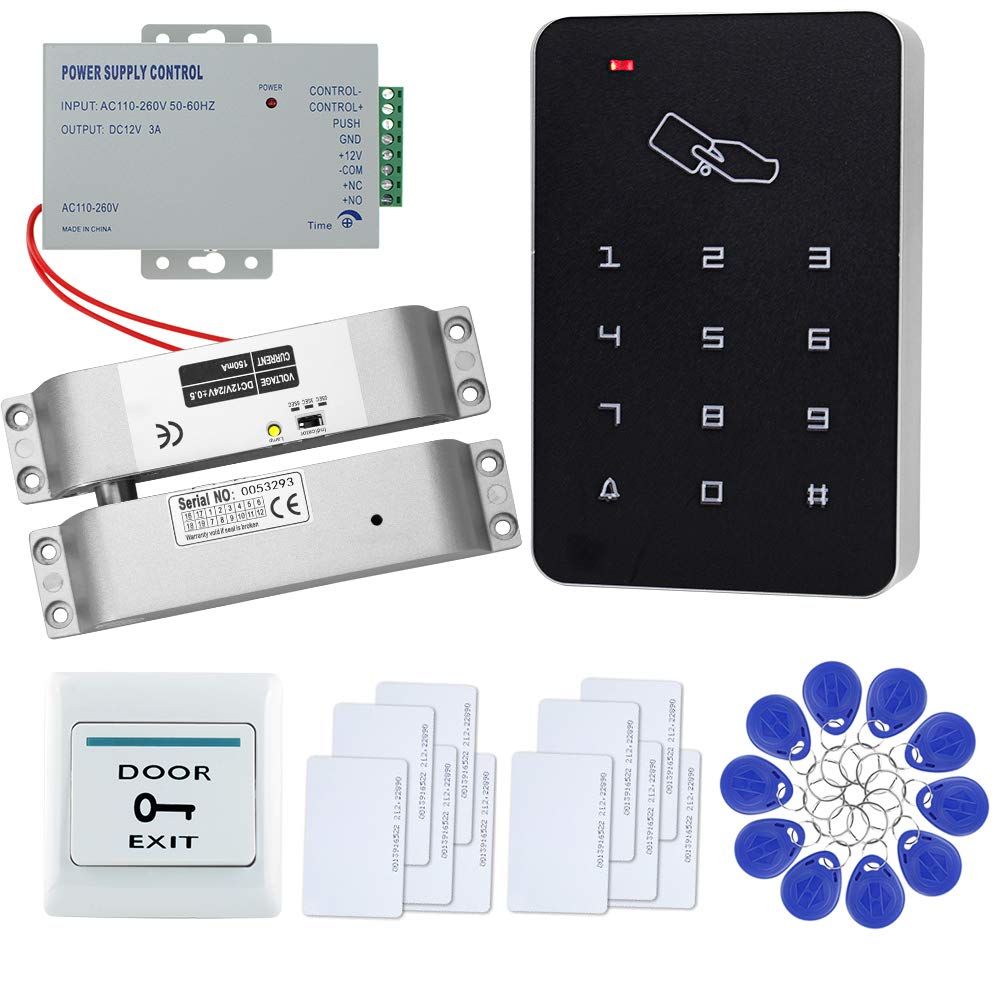 FTSTech Kit de Seguridad para el Hogar con Control de Acceso de Puerta RFID con Teclado Independiente de 125KHz+Cerradura Eléctrica+Fuente de Alimentación(Kit de Cerradura de Perno Eléctrico)