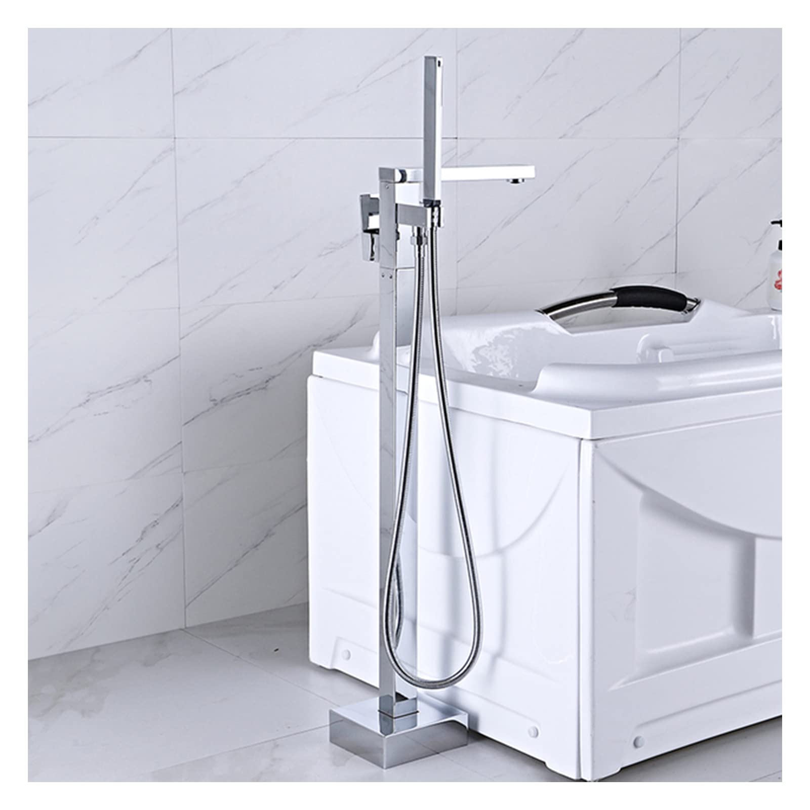 Robinet de baignoire sur pied argenté avec douchette et mitigeur rotatif vertical