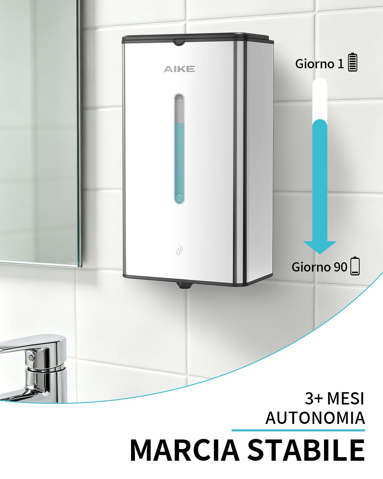 AIKE Square Dispenser Automatico Per Sapone Liquido, 1000 ML A Parete, Finitura Acciaio Inossidabile, AK1207