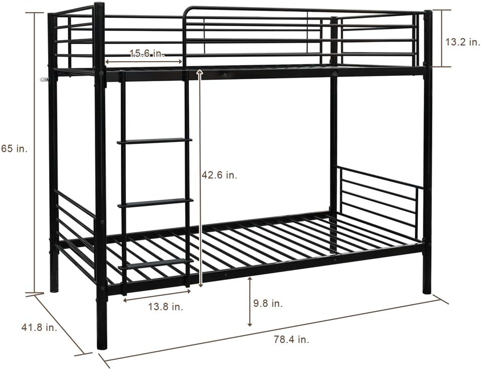 FCH Twin Over Twin Bunk Bed Easy Assembly Upgraded Metal Frame Bunk with Ladder Kids Adult Children Bedroom 78" W x 42" D x 65" H (Black)