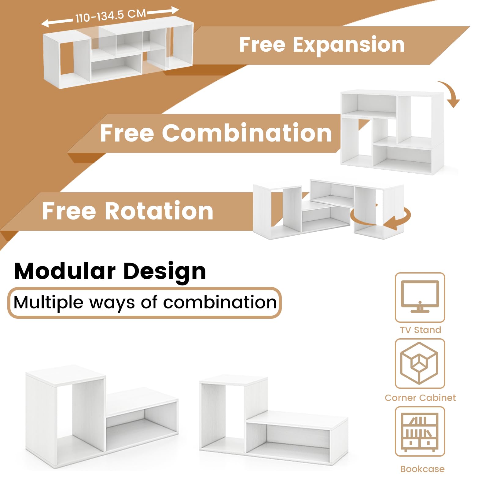 GIANTEX Meuble TV Combiné Libre avec Étagères Ouvertes, Meuble Télé 2 Pièces en MDF 50-60 Pouces, Meuble TV Bois pour Salon Chambre et Bureau, 110-134,5 X 30 X 43 CM (Blanc)