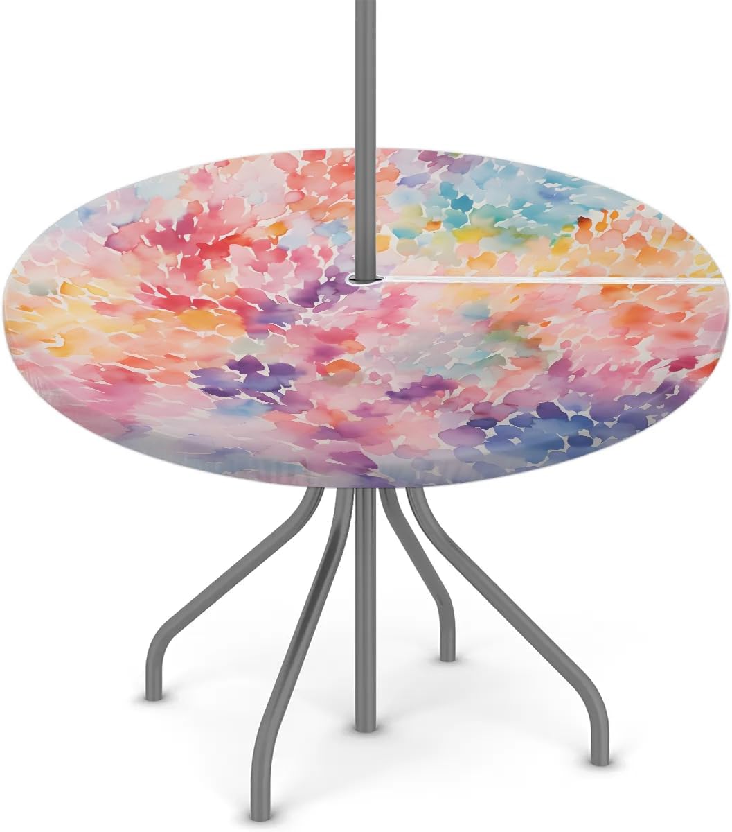 Round Fitted Tablecloth With Umbrella Hole - Rainbow Abstract Outdoor Table Cover With Zipper and Elastic Edge - Waterproof Patio Picnic Cloth for 36"-44" Tables 44" (Round) Colorful Abstract Art