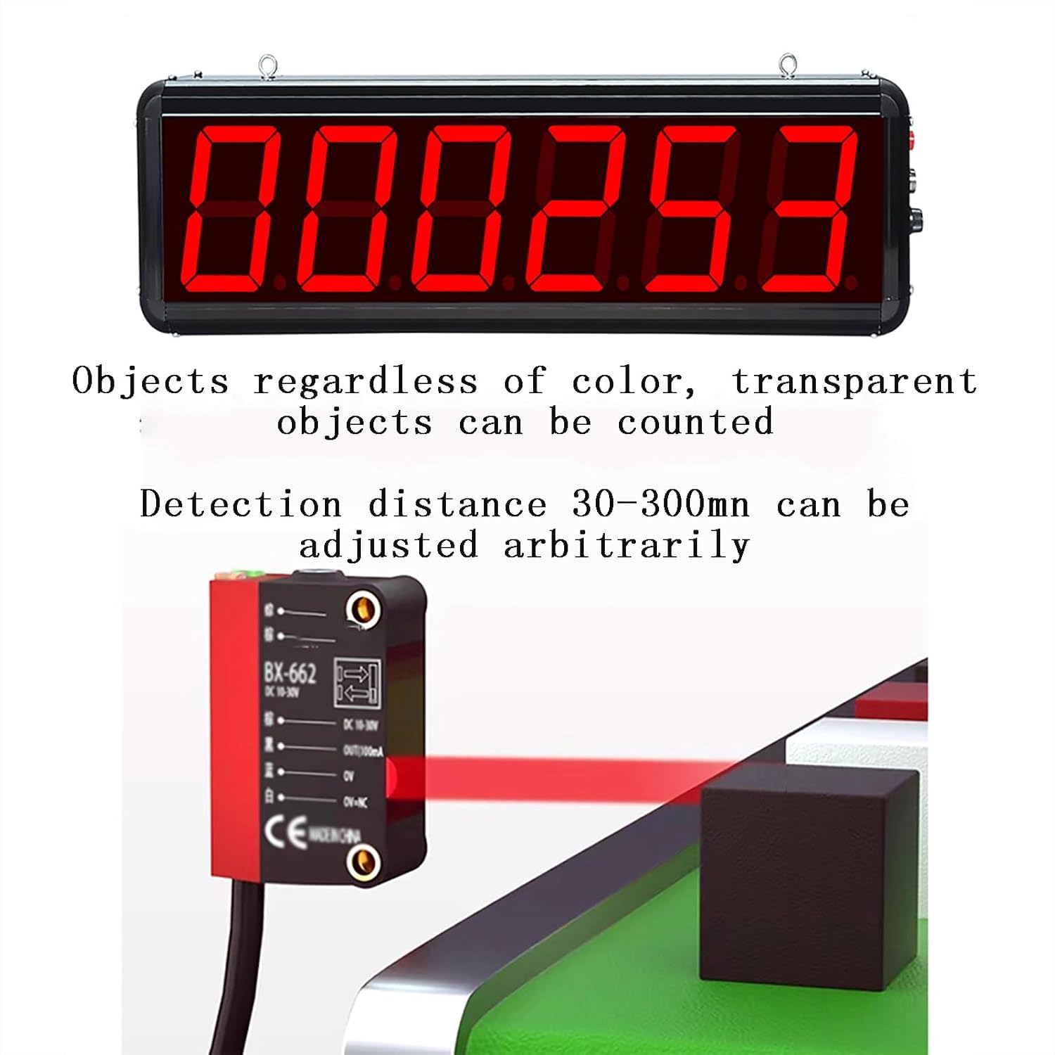 JOSBY Contatore Oggetti Trasparenti Colorati, Contatore Digitale LED a 6 Cifre da 4 Pollici, Gamma di Conteggio e Regolazione 30-300 mm 0-999999, Attrezzatura Industriale Intelligente, per Officine