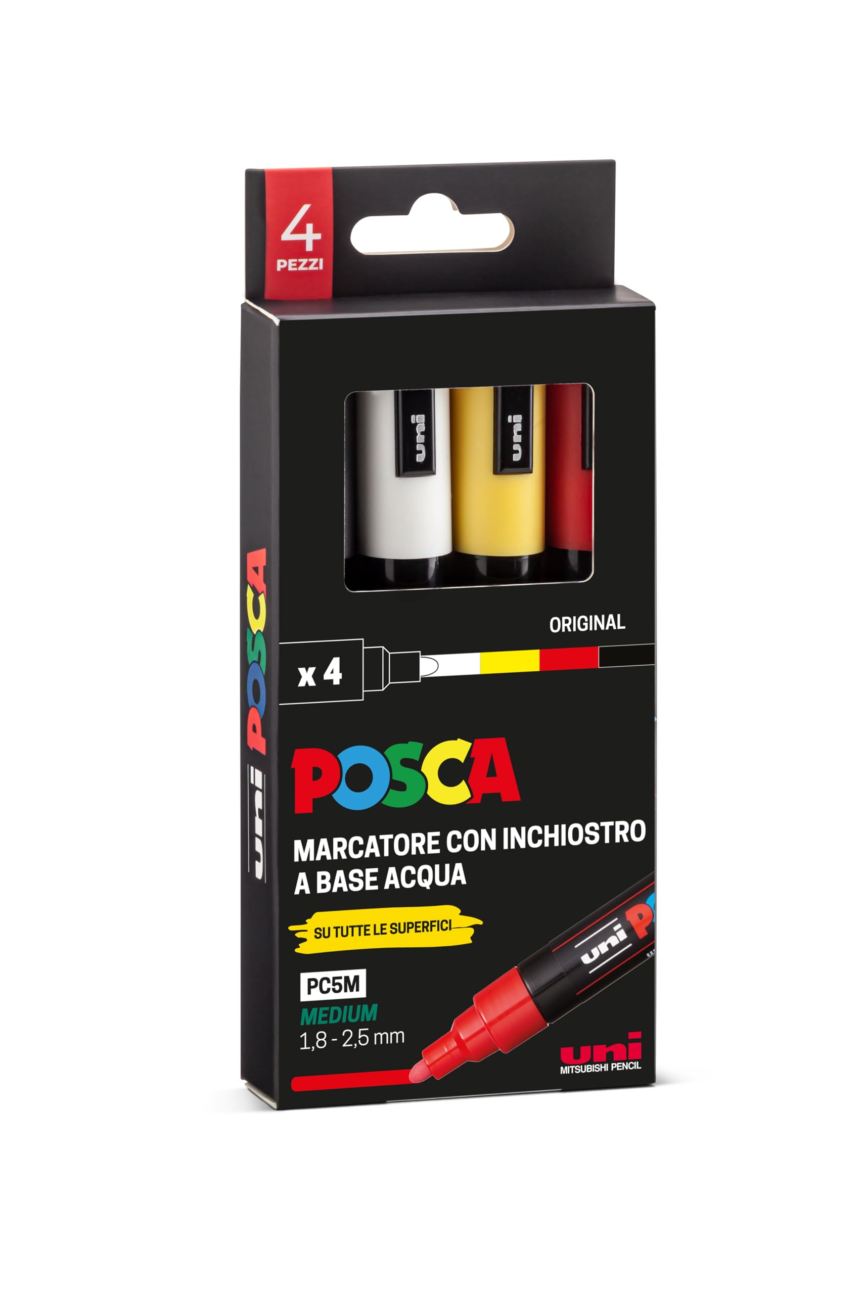 Posca - UniPosca Set con 4 rotuladores acrílicos surtidos, variedad original de punta redonda 1,8-2,5 mm - Colores para niños y artistas Uni válidos como colores para tejidos, madera, vidrio y otros