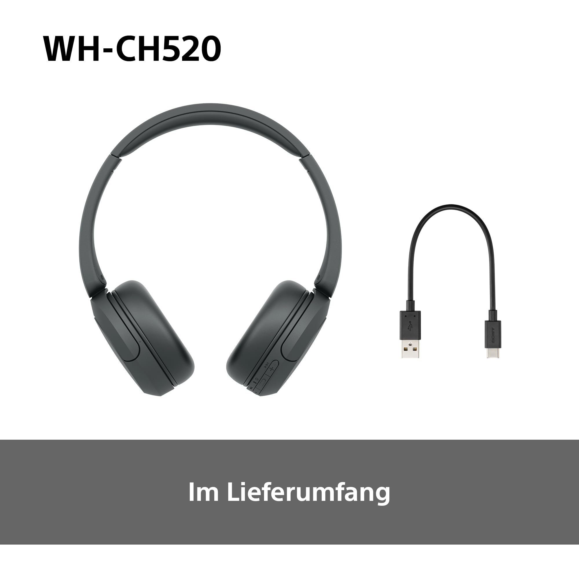 Sony WH-CH520 Kabellose Bluetooth-Kopfhörer - bis zu 50 Stunden Akkulaufzeit mit Schnellladefunktion, On-Ear-Modell - Schwarz