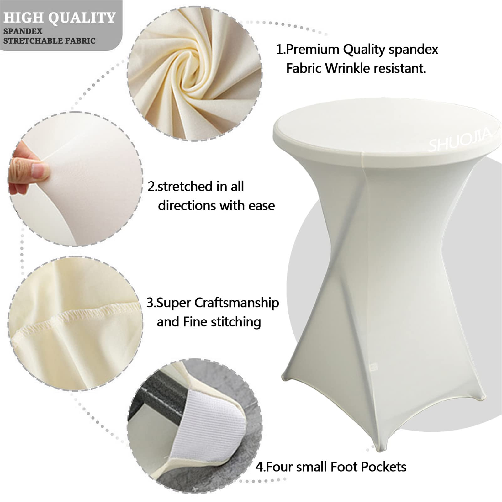 Paquete de 1/2/4 Manteles Lycra Spandex 80-85cm Elásticos de Licra para Cóctel con Esquinas Cuadradas,para Mesa Alta, Mantel Redondo para Cóctel, Mantel para Bar, Boda (Ivory White,4Pcs-80cm)