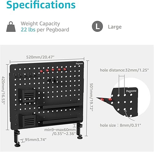 Miniatura 6 de PEGZONE Tablero de clavijas de escritorio con abrazadera, accesorios de escritorio para oficina, juegos, hogar, tablero magnético de metal con 15