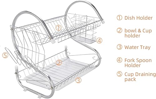 Miniatura 10 de Juego de escurridor de platos y escurridor, organizador grande de fregadero de acero inoxidable de 2 niveles con soporte para tazas, soporte para
