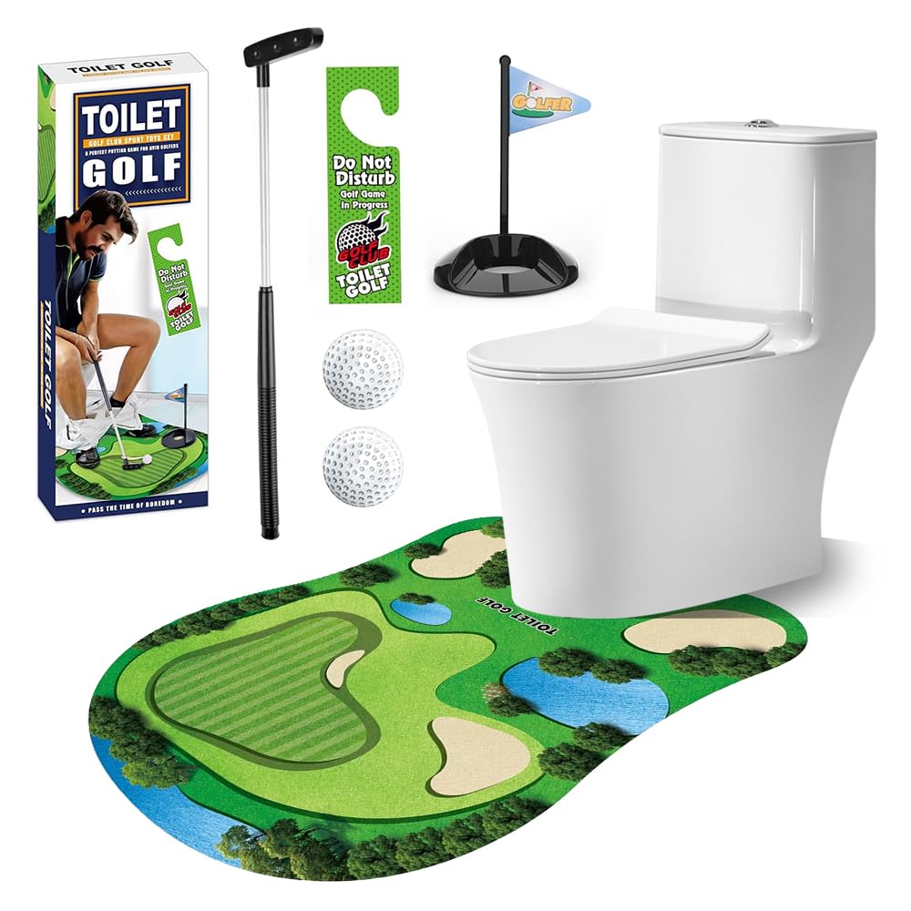 Mini Golf Game Set, Juegos de Golf para Inodoro, Set de Regalo de Golf con Palo de Golf, Tapete para Putting, 2 Pelotas de Golf y Colgador para Puerta, Divertido Regalo para Hombres de Golf
