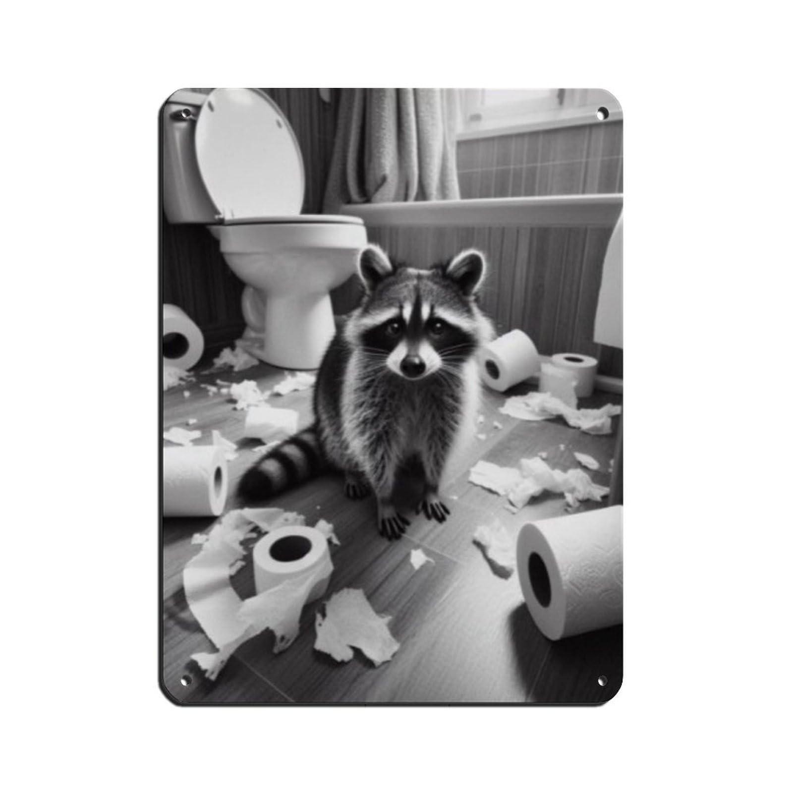 Raccoon with Toilet Paper Mess Wall Decor Tin Sign Vintage Metal Pub Club Cafe Bar Home Wall Art Decoration Poster Retro 12x16inch(30x40cm)