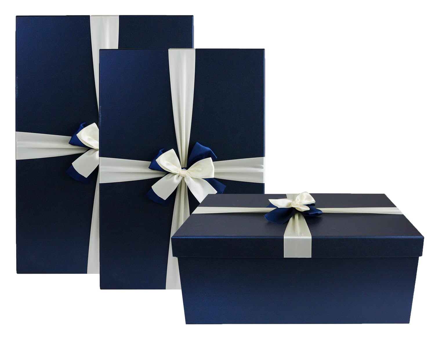 Emartbuy Oversize Luxury Rigid Gift Box Set of 3 with Lid, Satin Ribbon | Preassembled 1200 GSM Premium Paperboard | Ideal for Wedding, Festive, Corporate & Luxury Gifting – Dark Blue