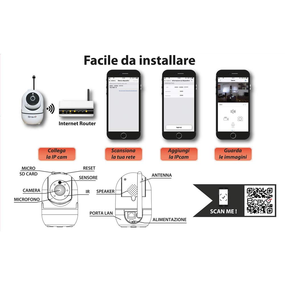 Bravo Nanà Pro Telecamera IP Camera Videosorveglianza Notturna WiFi FullHD 1080p 360° App Gratis - 92902926