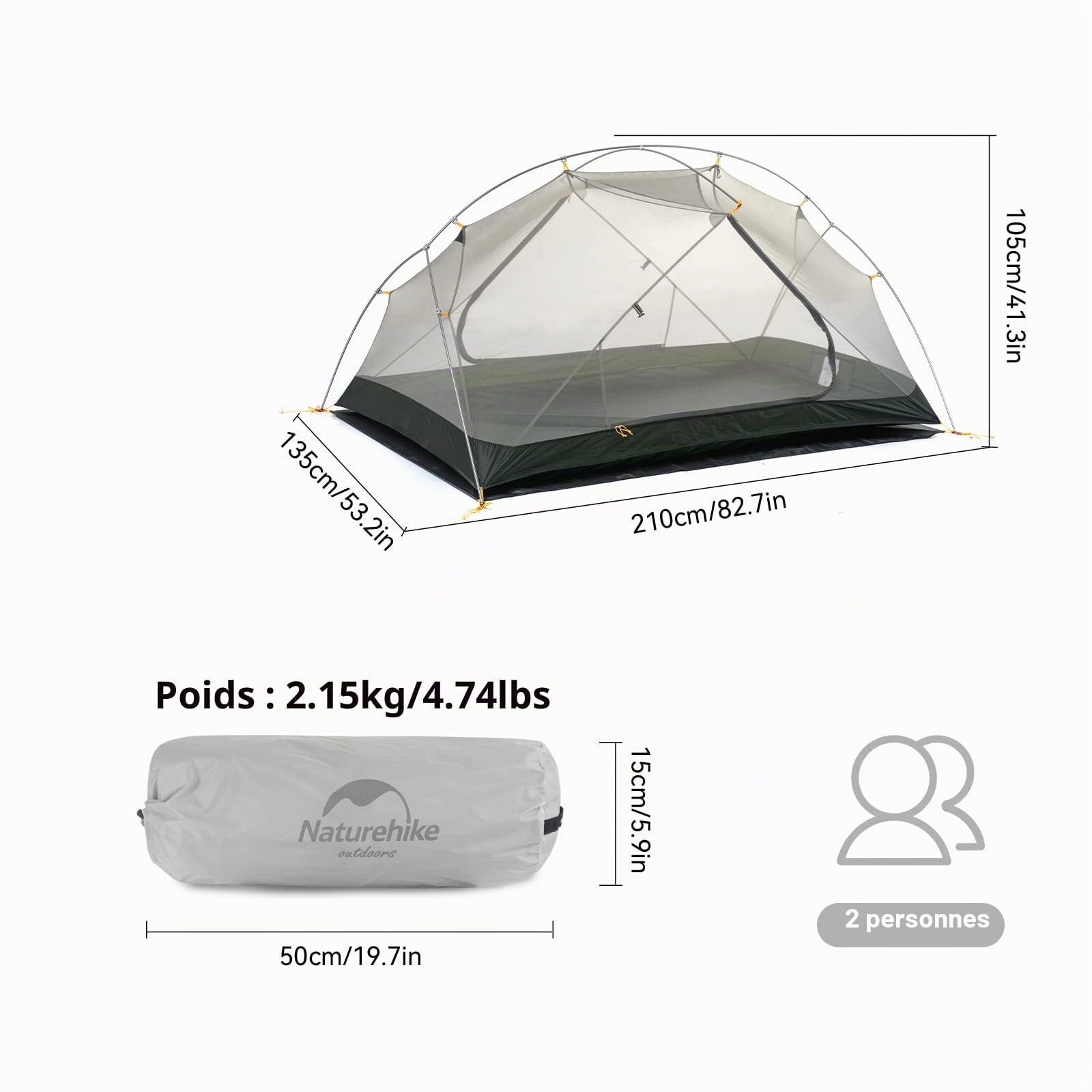 Naturehike Mongar Tente de Camping Double Ultralégère en Silicone 20D pour 2 Personnes