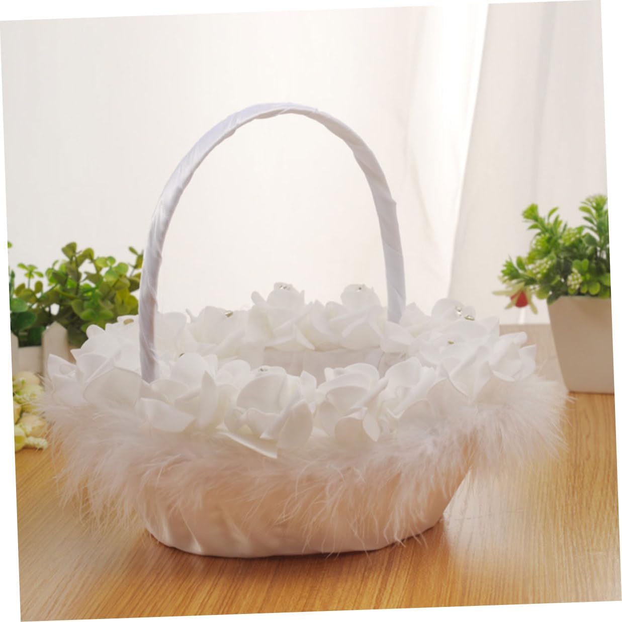 SOLUSTRE Wedding Flower Basket White Flower Girl Basket with Handle Delicate Ceremony Supply for Brides at Weddings