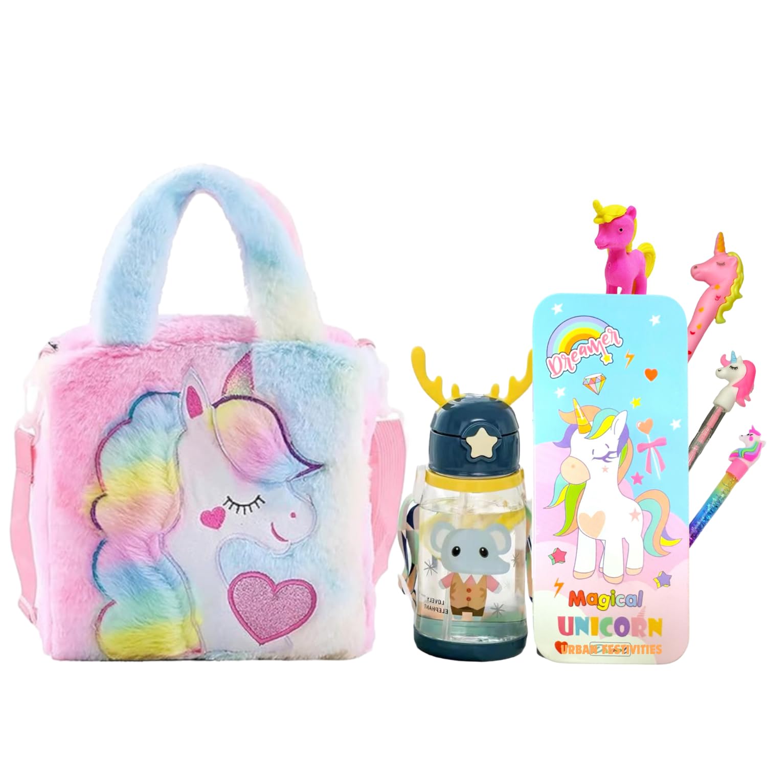 Fur Unicorn Bag With Stationery Combo Set For Girls Geometry Box,Pen,Pencil,Horn Bottle For Kids Gift Set For Kids Girls (Set Of 7, Multicolor)