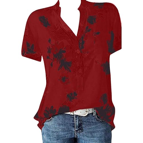 Tops for Women Summer,Blouse Shirts Floral Print V Neck Button Pocket Short Sleeve Summer Vintage Elegant Casual Tops