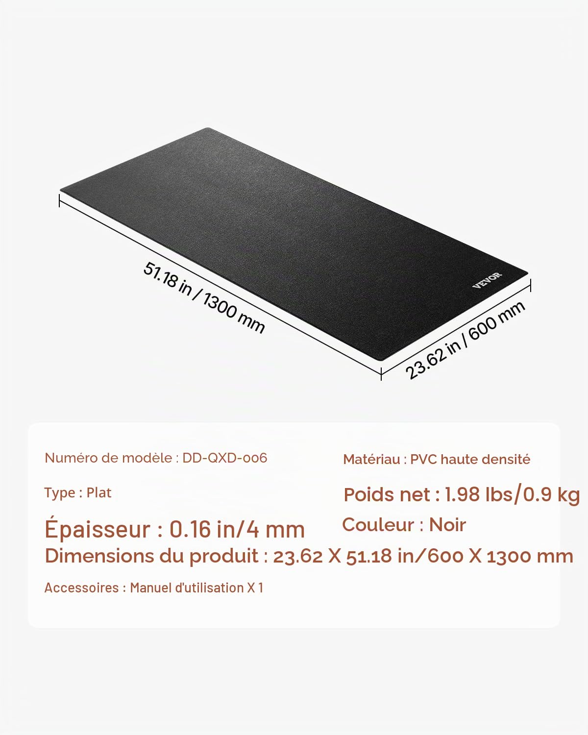 VEVOR Tapis de course pour tapis de sol, équipement d'exercice pour tapis de course, vélos stationnaires et couchés, protection de sol en PVC haute densité, imperméable et antidérapant, pour salle de