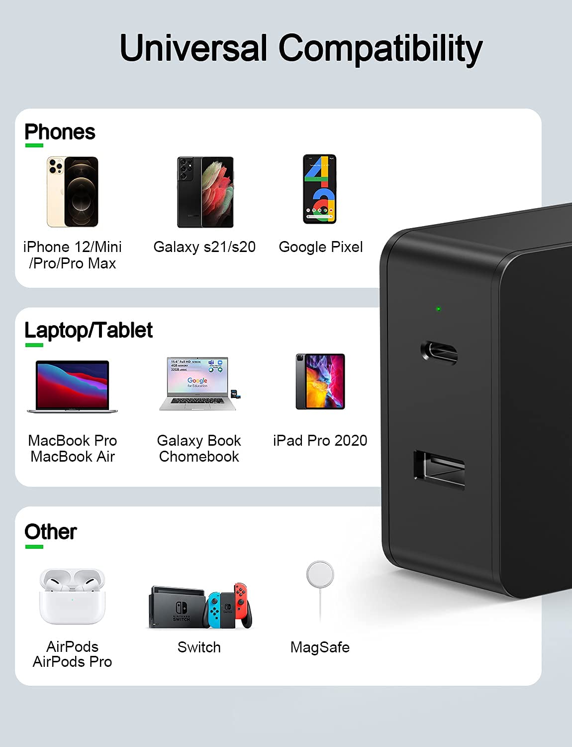 YOJOCK Caricatore USB C 57W Power Power Delivery 3.0, Caricabatterie USB C 2 Porte Quick Charge, Alimentatore USB Compatibile 45W/12W con iPhone12 Pro/SE/MacBook/Galaxy S22 S21 (Black)