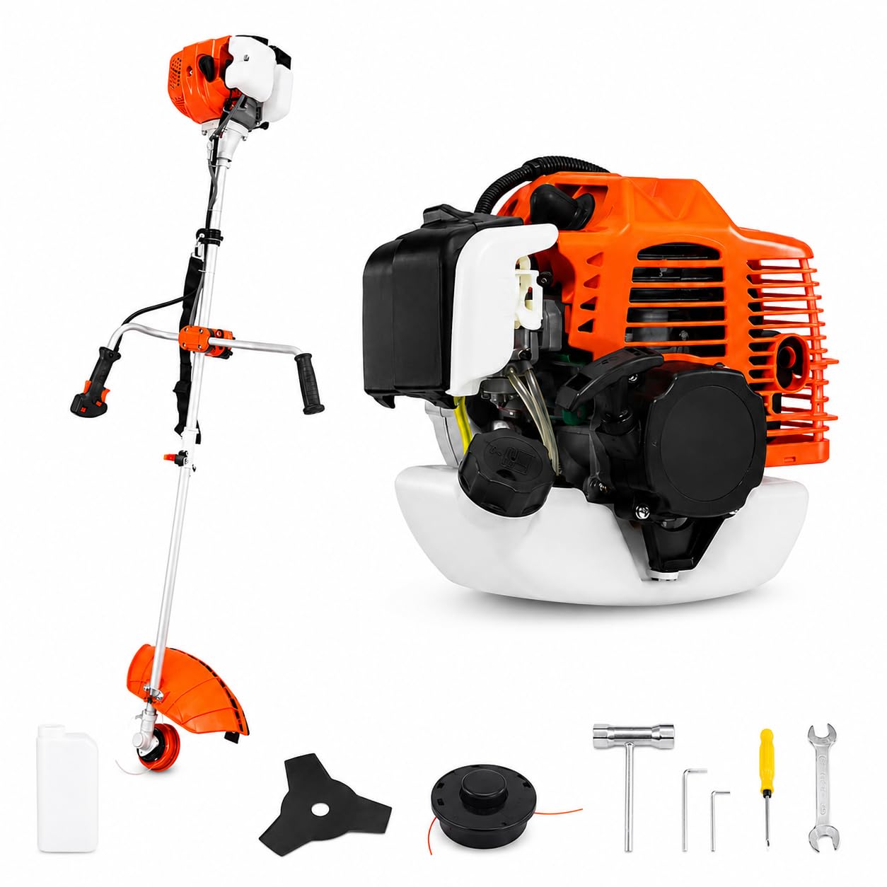 Decespugliatore a Scoppio 52cc 1.45kW 8500RPM Motore 2 Tempi con Manubrio Avviamento Elettrico con Batteria 12V e Manuale con Testina Doppio Filo e Disco tre Denti Acciaio per Erba, Giardino, Arbusti