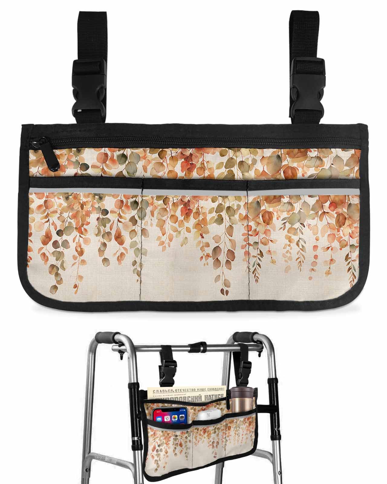 Anzona Fall Botanical Wheelchair Side Bag Walker Bag, Autumn Vintage Eucalyptus Leaves Burlap Wheelchair Accessories Armrest Pouch, Organizer Storage Bag for Walkers, Rollators, Scooters, 7.3''x13''