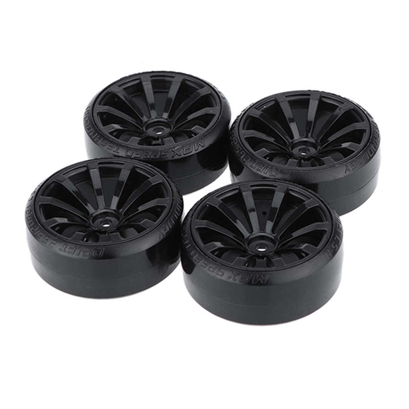 KEEDA 4PCS Hard Tires and 10-Spoke Plastic Wheels for 1/10 HSP Tamiya HPI Kyosho RC Drift Car (Black)