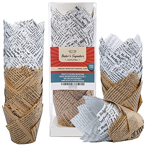 Baker's Signature Tulip Baking Cups Newspaper Pattern Paper Cupcake & Muffin Liners Pack Of 150 | Grease Resistant Wrappers – Will Not Curl Or Burn – Comes In Convenient Packaging #TOP5