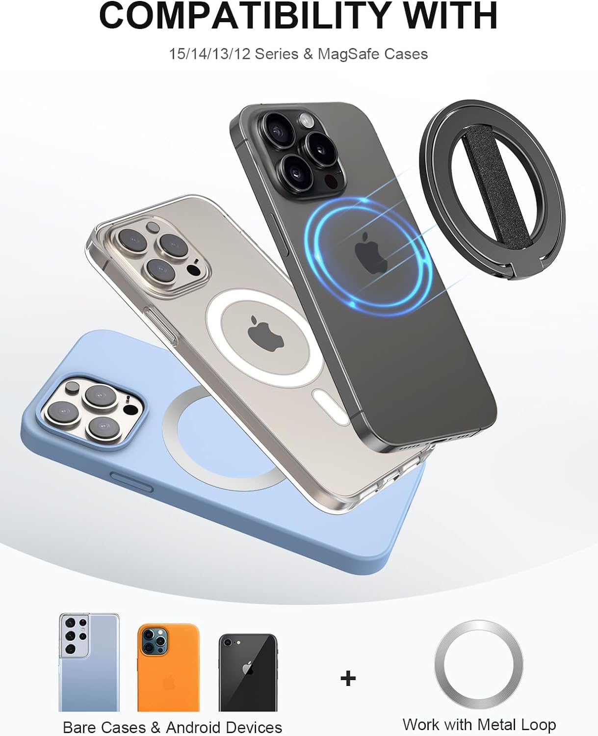 EWA MagOne Ultra Impugnatura per cellulare con cinturino da dito elastico sostituibile, supporto ad anello rimovibile, magnetico su entrambi i lati, per iPhone 15, 14, 13, 12 - Nero