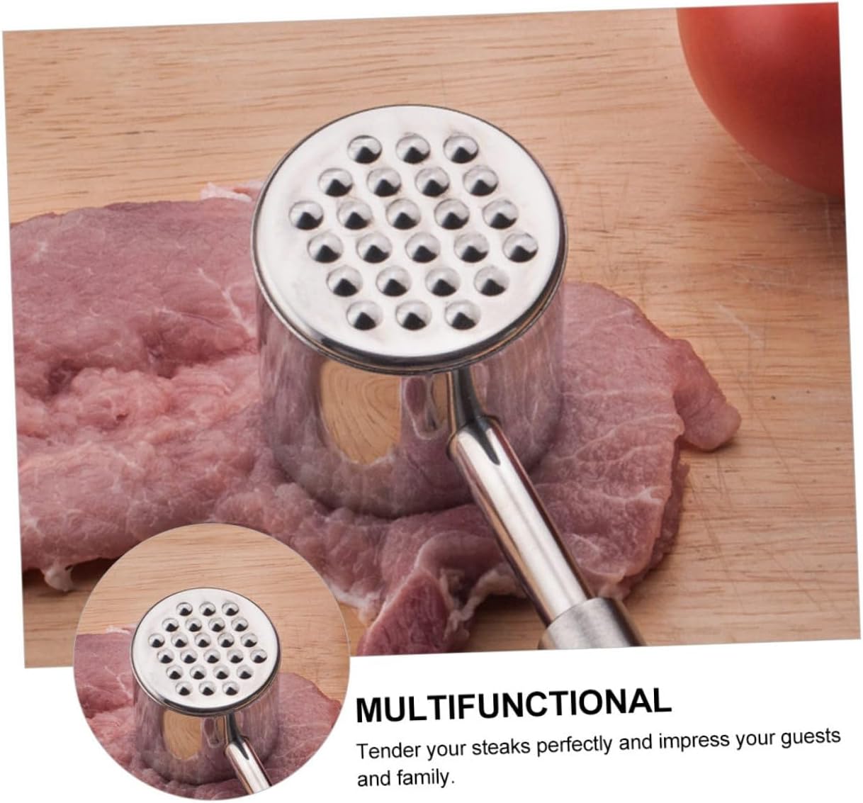 VICASKY Dual-sided 304 Stainless Steel Meat Tenderizer Hammer with Black Non-slip Handle, Heavy-duty Steak and Pork Pounder for Kitchen Cooking and Poultry Preparation