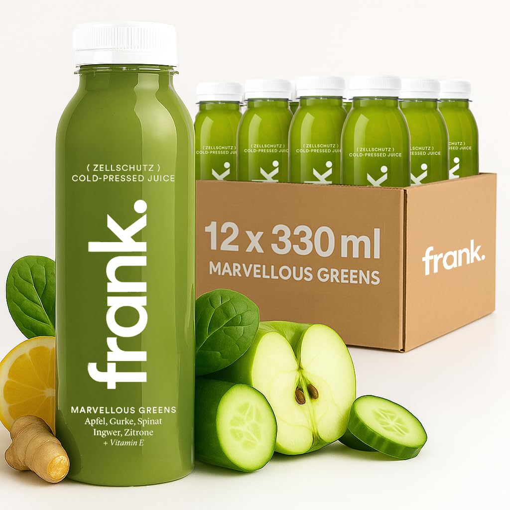 FRANK JUICE MARVELLOUS GREENS – kaltgepresster veganer Saft | 12 x 330 ml | Aus Fruchtsäfte & Gemüsesäfte mit Apfel, Gurke, Spinat, Ingwer und Zitrone, inkl. EINWEG-PFAND 3€