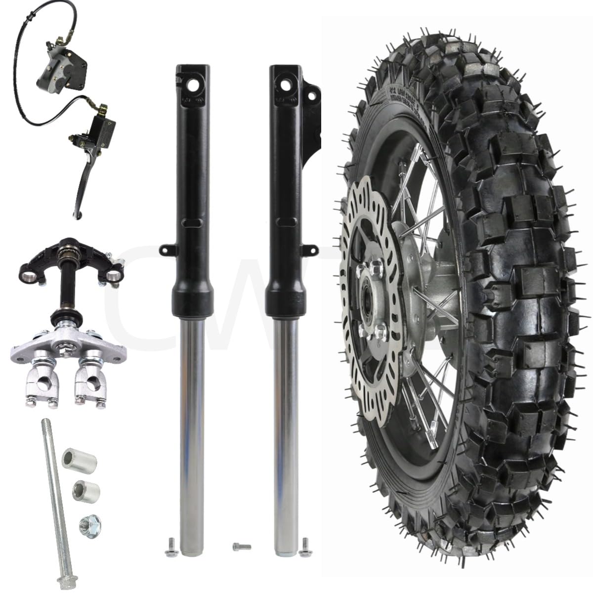 Front Wheel & Forks Combo For Pit Bikes - 2.50-10 Tire, 630mm Forks, Disc Brake - Fits CRF50, XR50, Taotao, SSR 50-125cc Dirt Bikes