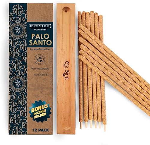Ola Blue Palo Santo paquete de 12 varillas de incienso auténticas de alta calidad de Perú hechas a mano y enrolladas a mano madera natural limpieza
